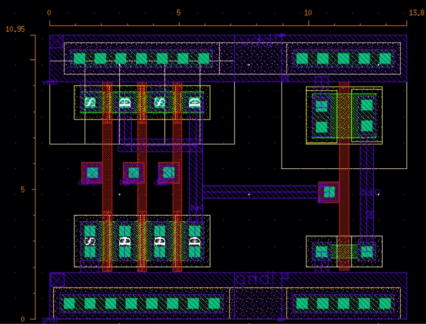 Full-custom layout of the AND3 gate in Cadence Virtuoso